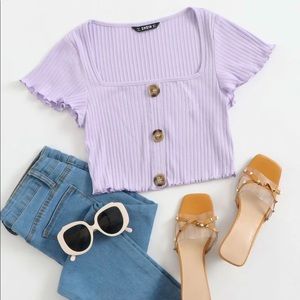 SHEIN Buttoned Front Lettuce Trim Rib-knit Top